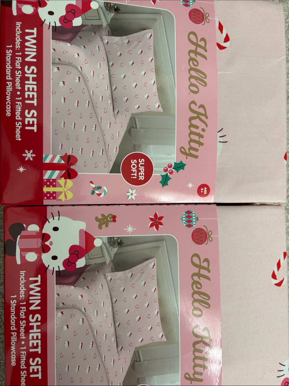 Two Hello Kitty Twin Sheet Set Pink Christmas Holiday Candy Cane Pattern